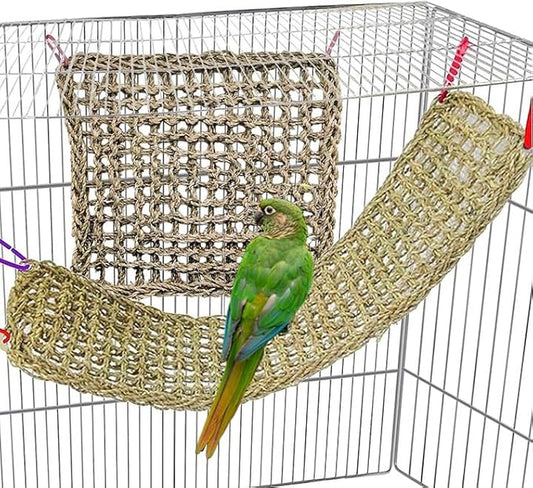 Bird Seagrass Mat,Natural Seagrass Woven Net Bird Foraging Chew Wall Toys Parakeet Hammock Mat with Hooks for Lovebird Cockatiel Conure Budgie,Size 28.3" X 6.7" and 11.81" X 11.81"(2 Pcs)