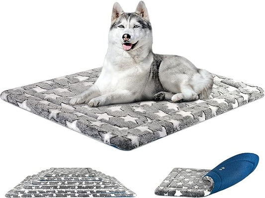 KROSER Fancy Dog Crate Pad Dog Bed Mat Reversible (Cool & Warm), Dog Bed Pad with Machine Washable, Dog Crate mat for Small to XXX-Large Dogs, Grey, Navy, Star Pattern