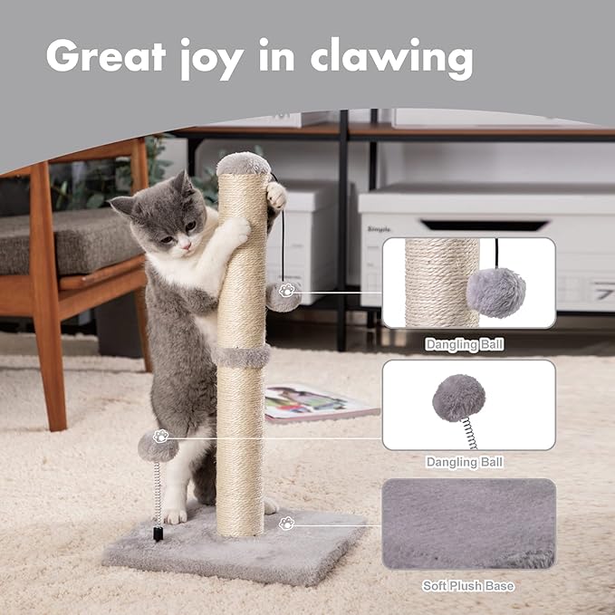 Cat Scratching Post Premium Basics Kitten Scratcher Sisal Scratch Posts with Hanging Ball 22" for Kittens or Smaller Cats (22 inches for Kitten, Gray)