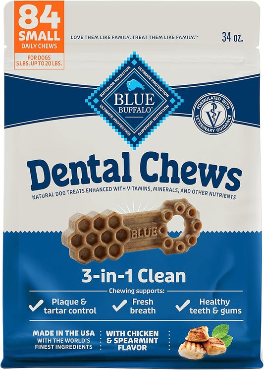 Blue Buffalo Small Dental Chews for Dogs, Daily Dental Care Dog Treats Made in the USA with Natural Ingredients, Chicken & Spearmint (84 Count)