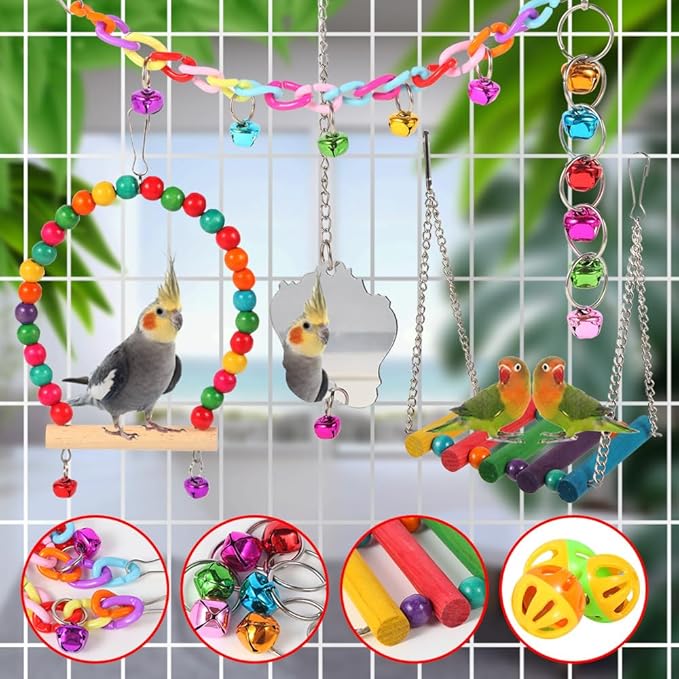 Bird Toys for Parakeets 9Pcs,Bird Wooden Ladder Bridge Parrots Toys Budgie Toys Bird Cage Accessories,Swing Hammock for Conure,Cockatiel,Love Birds, Finches, Mynah,Budgerigar