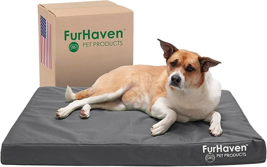 Furhaven Water-Resistant Cooling Gel Dog Bed for Large/Medium Dogs w/ Removable Washable Cover, For Dogs Up to 55 lbs - Indoor/Outdoor Logo Print Oxford Polycanvas Mattress - Stone Gray, Large