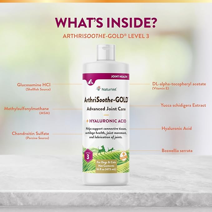 NaturVet – ArthriSoothe-Gold Advanced Care Liquid | Level 3 Advanced Joint Care | Supports Healthy Hip & Joint Function | Enhanced with Glucosamine, MSM & Chondroitin | For Dogs & Cats | 16 oz Liquid