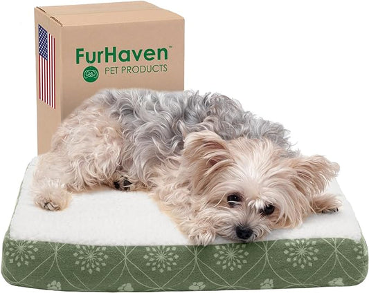 Furhaven Cooling Gel Dog Bed for Small Dogs w/ Removable Washable Cover, For Dogs Up to 20 lbs - Sherpa & Flannel Paw Print Deluxe Mattress - Jade Green, Small