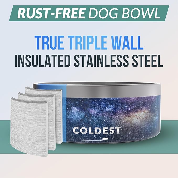 Coldest Dog Bowl - Anti Rust Metal & Non Slip Dog Bowls Large, Spill Proof Heavy Duty 3 Layers Insulated Dog Bowl - Food and Water Bowl for Dogs, Cats & Pets, Dishwasher Safe (100 oz, Into The Beyond)