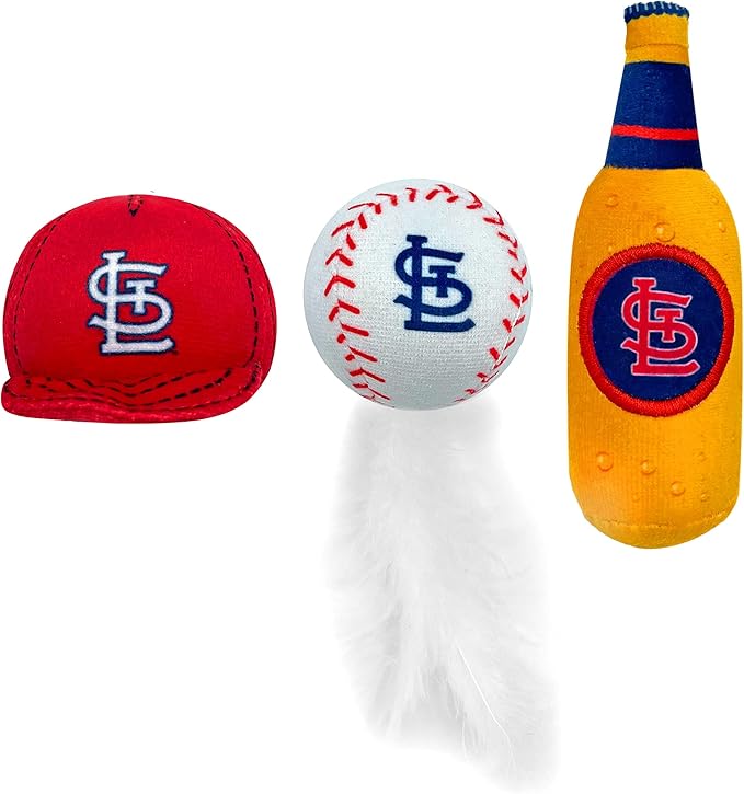 BEST PLUSH CAT TOY MLB ST LOUIS CARDINALS Complete Set of 3 piece Cat Toys filled with Fresh Catnip. Incl: 1 Baseball Cap Cat Toy, 1 Baseball Cat Toy with Feathers & 1 Beer Bottle. Beautiful Team LOGO