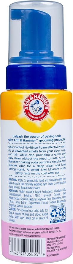 Arm & Hammer for Pets Odor Control Pet No-Rinse Foam with Baking Soda, Kiwi Blossom Scent, 8oz; Best Odor Eliminating Foam for Dogs and Puppies; Arm and Hammer Baking Soda Waterless Dog Deodorizer