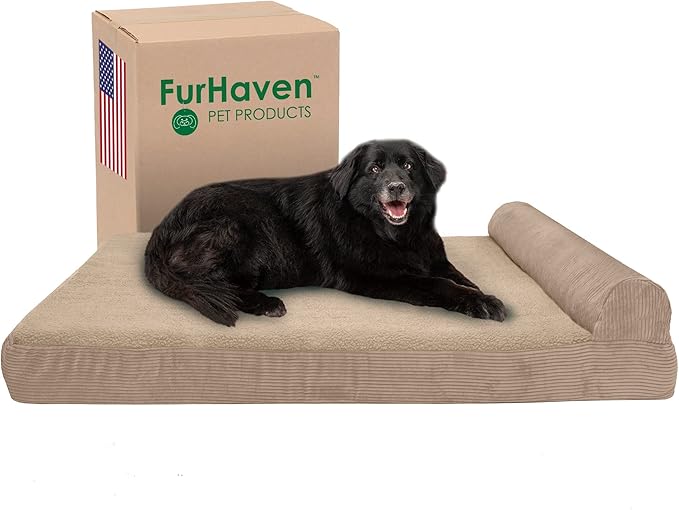 Furhaven Memory Foam Dog Bed for Large Dogs w/ Removable Bolster & Washable Cover, For Dogs UP to 125 lbs - Fleece & Corduroy Bolster Chaise - Sandstone, Jumbo Plus/XXL