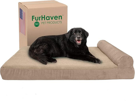 Furhaven Memory Foam Dog Bed for Large Dogs w/ Removable Bolster & Washable Cover, For Dogs UP to 125 lbs - Fleece & Corduroy Bolster Chaise - Sandstone, Jumbo Plus/XXL