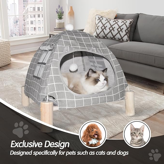 Pet Teepee House,Cat and Dog Waterproof Tent House,Breathable Washable Indoor/Outdoor Pet Tent,Suitable for Kitty, Puppy, Bunny and Small Animal (Gray grid)