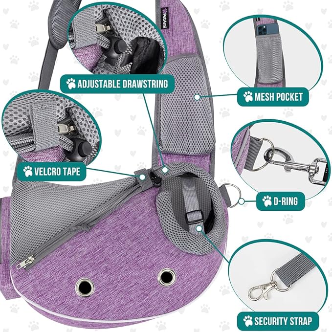 PetAmi Dog Sling Carrier for Small Dogs, Puppy Carrier Sling Purse, Dog Bags For Traveling, Carrying Bag to Wear Medium Cat, Adjustable Crossbody Pet Sling Travel Poop Bag Dispenser, Max 5 lbs, Purple