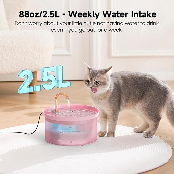 Cat Water Fountain: 88Oz Pet Water Fountains Indoor 24/7 Running Water Supplies Dispenser for Drinking Dish Automatic Dog Waterer Bowls Flow Ultra Quiet Pump with Filters Faucet Bottle Watering(Prink)