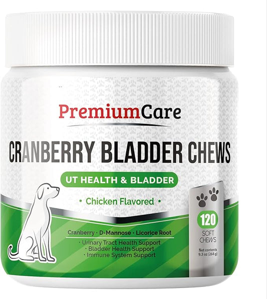 Premium Care Cranberry Bladder Chews - Dog Supplements for Urinary Tract (UT) Health, Bladder and Kidney Support - Cranberry Chewables with Vitamins for Better Bladder Control for Dogs - 120 Chews