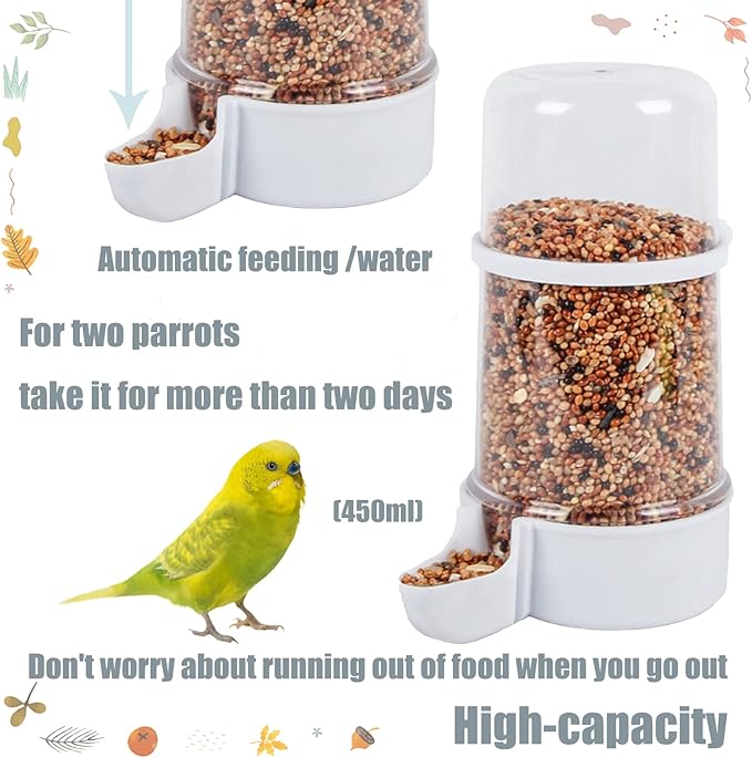 Parakeet Water Dispenser No Mess Parrot Food Seed Dispenser Bird Automatic Waterer Feeder Container Cockatiel Cage Accessories for Parrot Finch Budgie Lovebirds Canaries 2PCS（450ml）