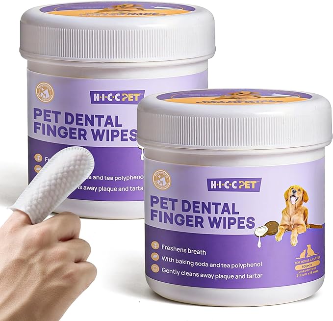 HICC PET Teeth Cleaning Wipes for Dogs & Cats, Remove Bad Breath by Removing Plaque and Tartar Buildup No-Rinse Dog Finger Toothbrush, Disposable Gentle Cleaning & Gum Care Pet Wipes, 100 Counts