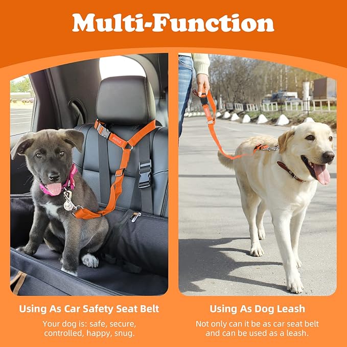 BWOGUE 2 Packs Dog Cat Safety Seat Belt Strap Car Headrest Restraint Adjustable Nylon Fabric Dog Restraints Vehicle Seatbelts Harness Orange