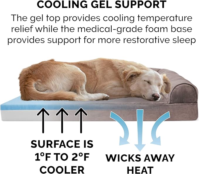 Furhaven Cooling Gel Dog Bed for Medium/Small Dogs w/ Removable Bolsters & Washable Cover, For Dogs Up to 35 lbs - Faux Fur & Velvet Sofa - Driftwood Brown, Medium