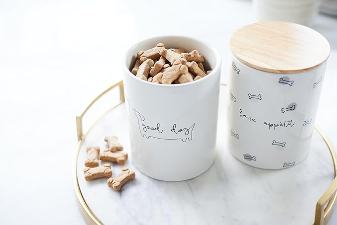 Pearhead Good Dog Treat Jar, Ceramic and Wood Pet Treat Canister, Neutral Modern Kitchen Decor, Pet Accessories, Dog Biscuit Storage Jar, Freshness Seal, Holds 4 Cups