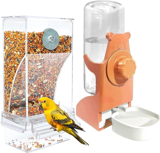 No Mess Bird Feeders with Water Dispenser Automatic Transparent Acrylic Food Container Drinker for Cage Automatic Parrot Feeder Seed Container Cage Accessories Orange