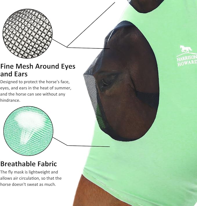 Harrison Howard Super Comfort Stretchy Fly Mask Large Eye Space with UV Protection Soft on Skin with Breathability Cool Mint XL Extra Full Size