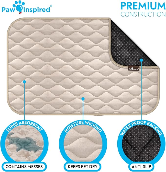 Paw Inspired Washable Padded Crate Mats for Dogs | 47” x 29” Pad, Fits 48-inch Kennels | Leakproof, Waterproof Bottom, Plush Pet Beds (Tan)