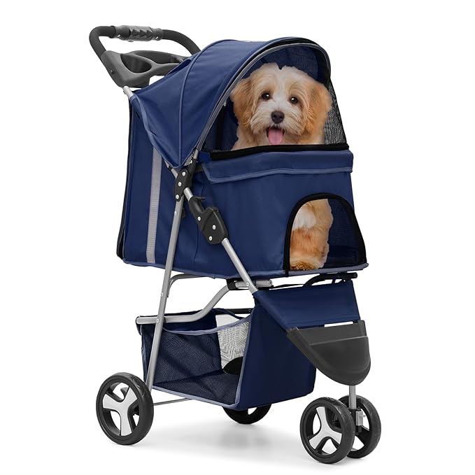 MoNiBloom 3 Wheels Pet Stroller, Foldable Dog Cat Cage Jogger Stroller with Weather Cover for All-Season, Storage Basket and Cup Holder, Breathable and Visible Mesh for Small/Medium Pets, Blue