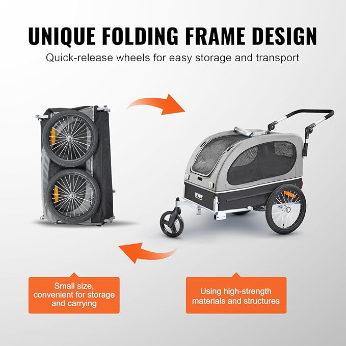 VEVOR Dog Bike Trailer, Supports up to 88 lbs, 2-in-1 Pet Stroller Cart Bicycle Carrier, Easy Folding Cart Frame with Quick Release Wheels, Universal Bicycle Coupler, Reflectors, Flag, Black/Gray