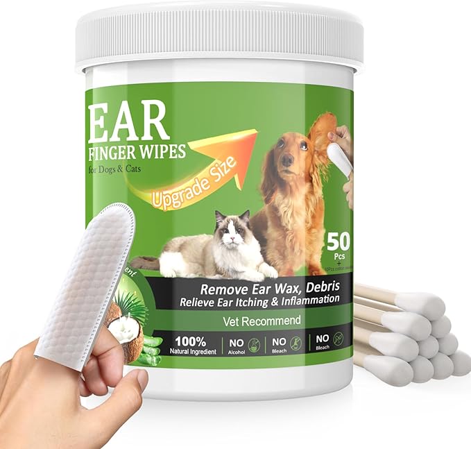 [50 pcs Extra-Large] Dog Ear Wipes - Ear Cleaner for Dogs and Cats - Remove Ear Wax, Debris Gently - Soothes & Deodorizes - All Natural Ingredients - Coconut Scent - with Cotton Swabs