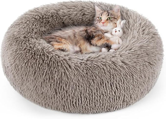 rabbitgoo Cat Beds for Indoor Cats, 20 inches Cat Bed Machine Washable, Fluffy Round Pet Bed Non-Slip, Calming Soft Plush Donut Cuddler Cushion Self Warming for Small Dogs Kittens, Khaki, Medium