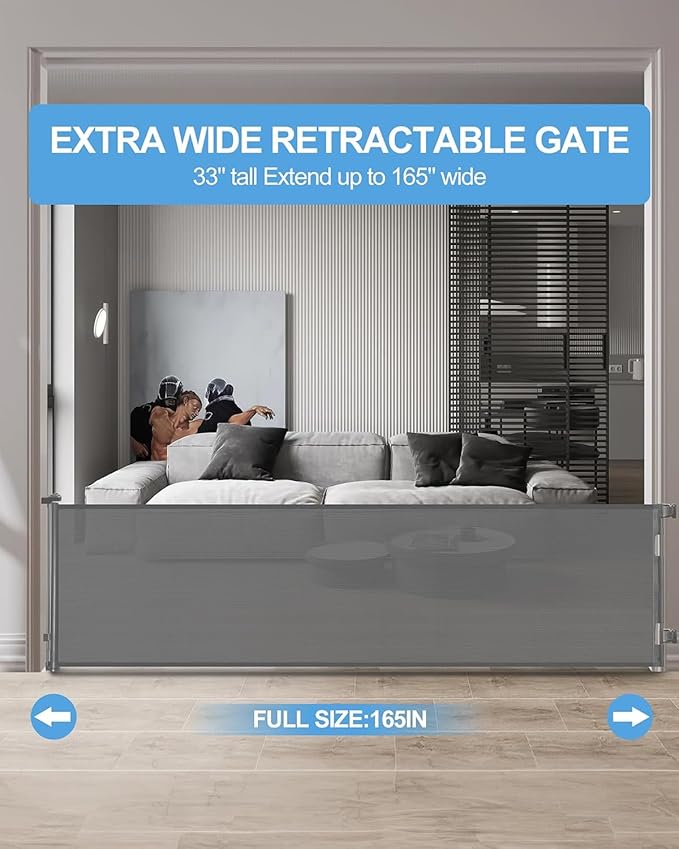 Retractable Baby Gate,Mesh Baby Extra Wide Gate,Extra Long Dog Gate,33" Tall,Large Extends up to 165" Wide,Child Safety Extra Large Gate for Doorways, Stairs, Indoor/Outdoor（Grey,33"x165"）