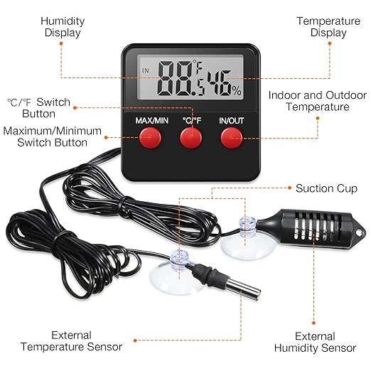 Weewooday 4 Pcs Reptile Thermometer and Humidity Gauge Reptile Terrarium Thermometer Hygrometer with Probes Indoor Outdoor Digital Pet Temperature and Hygrometer Gauge for Reptiles Pet Keeping