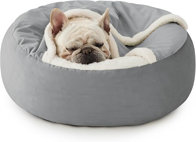 Lesure Medium Dog Bed with Cover Cave - Covered Round Dog Bed for Small and Medium Dogs, Machine Washable Burrow Pet Bed with Hooded Blanket, Cuddler Cozy Cave Dog Bed with Anti-Slip Bottom, Grey 26"