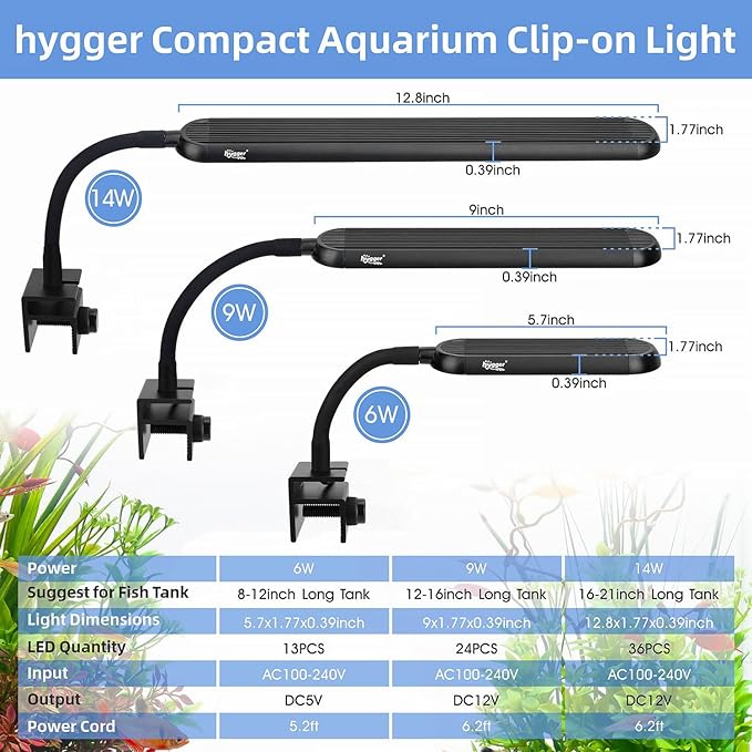 hygger 5-10 Gallon Nano Tank Mini Clip-on Aquarium Light with White Blue Red LEDs Fish Tank Lighting Built-in Timer 5 Brightness Levels 9W