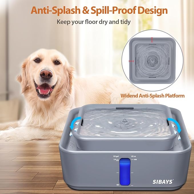 SIBAYS 3.8Gal/14L Extra Large Dog Water Fountain, No Spill Pet Water Fountain with 9" Large Filter & Powerful LED Pump & Water Shortage Reminder, Auto Dog Water Bowl Dispenser, Easy to Clean, BPA-Free