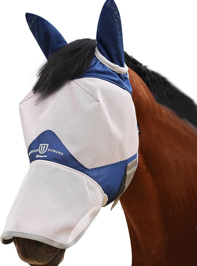 Harrison Howard Full Face Horse Fly Mask UV Protection and Breathable Mask for Equine Use Comfortable Fly Mask for Horses Navy XL