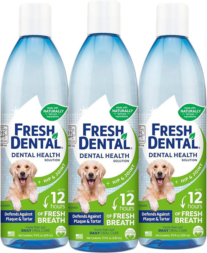 Naturel Promise Fresh Dental Water Additive - Dental Health Solution for Dogs Plus Hip & Joint - Freshens Breath Up to 12 Hours-No Brushing Required-Glucosamine Helps HIPS & Joints-17.9 Fl Oz, 3 Pack