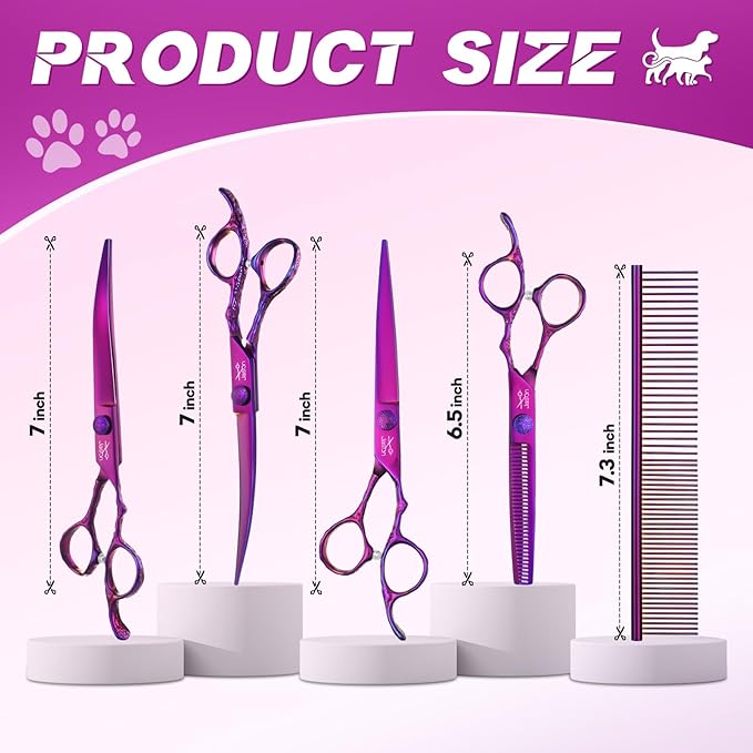 JASON Dog Grooming Scissors Set - Professional 6 in 1 Dog Shears Kit - 6.5" Thinning, 7" Straight, 7" Up-Curved, 7" Down-curved Scissors and Comb for Dog Cat Pet with Adjustable Screw (Purple)