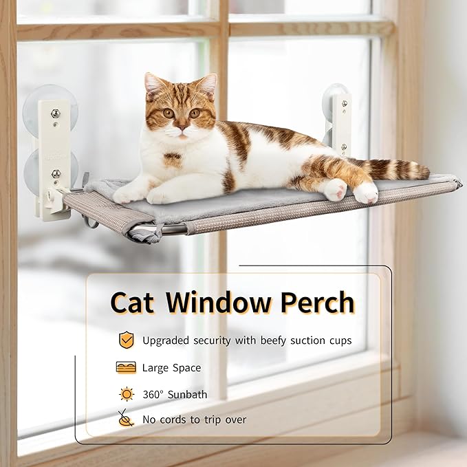 24'' Foldable Cat Window Perch, Sturdy and Stable Cat Window Hammock with 4 Strong Upgraded Suction Cups and Wall Anchors, Premium Reinforced Material and Flannel Cover Cat Bed for Large Cats