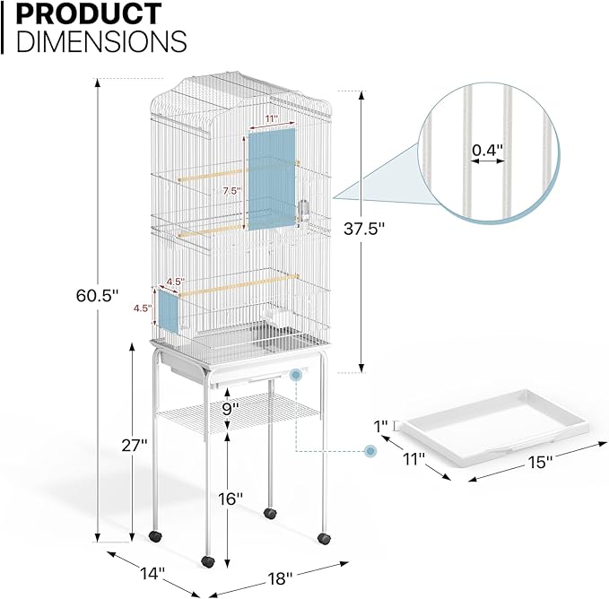 MoNiBloom 61 Inch Bird Cage with Detachable Rolling Stand, Large Flight Cage with Side-Out Tray for Parakeets Canaries Cockatiels Lovebirds Conures, White