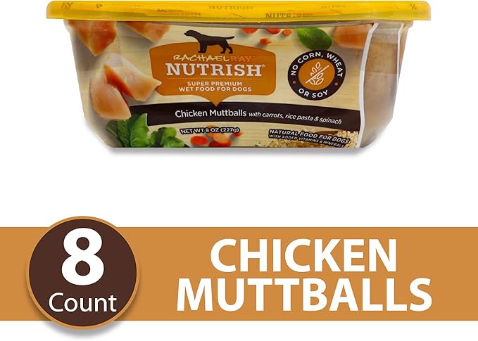 Rachael Ray Nutrish Premium Natural Wet Dog Food with Added Vitamins & Minerals, Chicken Muttballs Recipe, 8 Ounce Tub (Pack of 8)