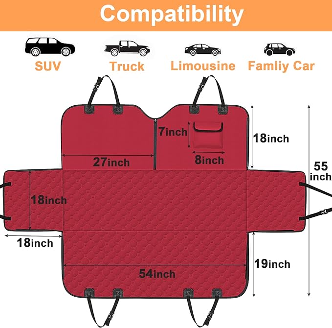 Mancro Dog Car Seat Cover for Back Seat, Waterproof Car Seat Cover Dog with Side Flaps, Scratch-Proof Pet Car Seat Covers Backseat, Durable Car Seat Dog Cover for Trucks SUV, Standard, Red