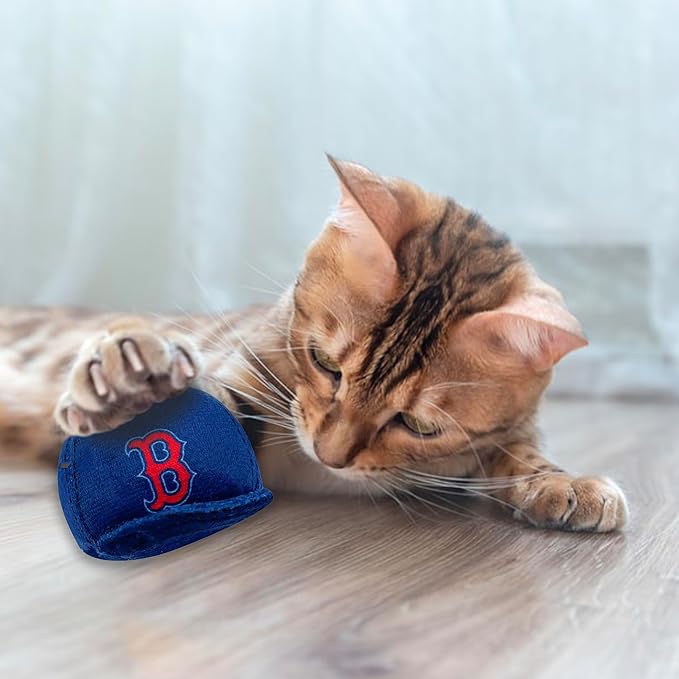 BEST PLUSH CAT TOY MLB BOSTON RED SOX Complete Set of 3 piece Cat Toys filled with Fresh Catnip. Includes: 1 Baseball Cap Cat Toy, 1 Baseball Cat Toy with Feathers & 1 Beer Bottle. Beautiful Team LOGO