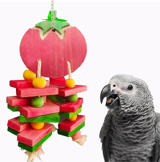 Bird Parrot Chewing Toys Bird Beak Grinding Wood Block Colorful Fruit Swing Toy for Parakeet Budgie Cockatiel Cockatoo Conure Finch Lovebird African Grey