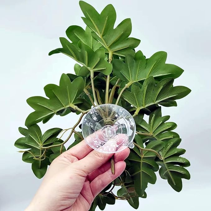 Reptile Plants for Terrarium, Amphibian Habitat Decor Artificial Hanging Plants with Suction Cup, Artificial Plants for Gecko Chameleon Snake Tortoise Tank Accessories. 2-Pack(Philodendron selloum)