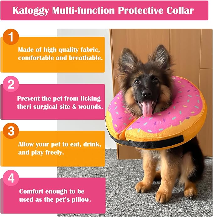 Katoggy Inflatable Dog Cone Collar for Dogs After Surgery, Soft Adjustable Blow up Donut Dog E-Collar for Small Medium Large Dog and Cats