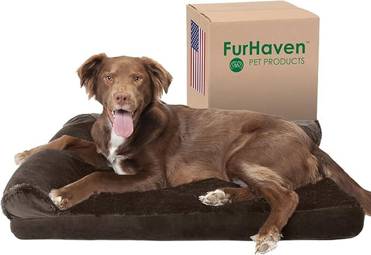 Furhaven Cooling Gel Dog Bed for Large/Medium Dogs w/ Removable Bolsters & Washable Cover, For Dogs Up to 55 lbs - Plush & Velvet L Shaped Chaise - Sable Brown, Large