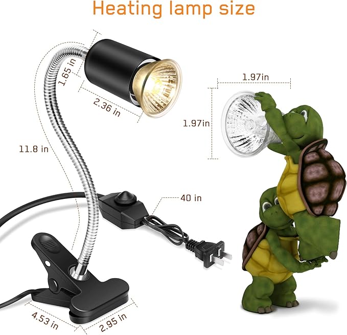 Reptile Heat Lamp,Heating Lamp with Clamp, Adjustable Habitat Basking Heat Lamp,UVA/UVB Light Lamp 360° Rotatable Clip and Dimmable Switch for Aquarium(Bulb Included) (E27,110V)