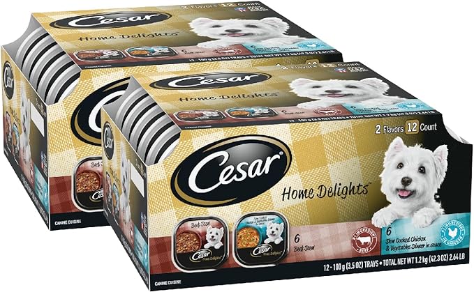 CESAR HOME DELIGHTS Soft Wet Dog Food Slow Cooked Chicken & Vegetables Dinner and Beef Stew Variety Pack, Easy Peel Trays, 3.5 Oz - 12 Count (Pack of 2)