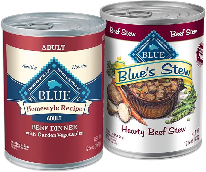 Blue Buffalo Homestyle Recipe Natural Adult Wet Dog Food, Mixed Textures Beef 12.5-oz Cans (24 Count- 12 of Each Flavor)