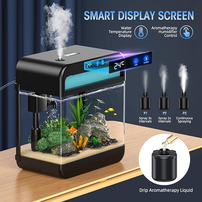 Fish Tank Aquarium 2.2 Gallon with Humidifier 7 Color Auto-Looping Light Self Cleaning 3 in 1 Pump with Filteration & Oxygenation & Circulation, Temperature Display, HD Float Glass, Thickened Base